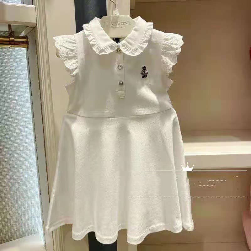 New Summer 25 TW Korean Style Bear Print Cotton Princess Dress with Lace Shoulder, Soft and Breathable, Class A Cotton
