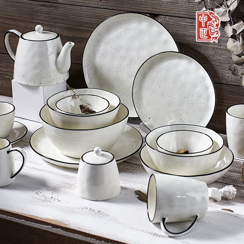 Fashionable Black Line Speckled Salad Bowl Dinnerware Set, Home Plates, Mugs, Pot Set, Ceramic White Porcelain, High Appearance