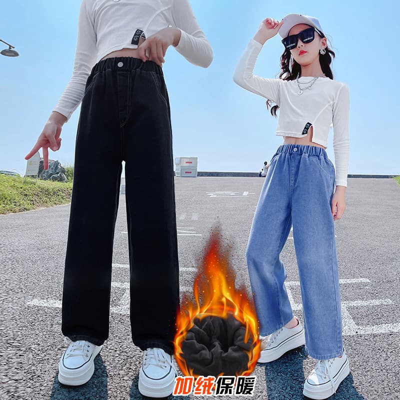 Girls' Jeans Autumn Winter Fleece Lined Korean Style 2025 Girls Big Kids Straight Wide Leg Pants Fleece Lined Casual Children's Pants