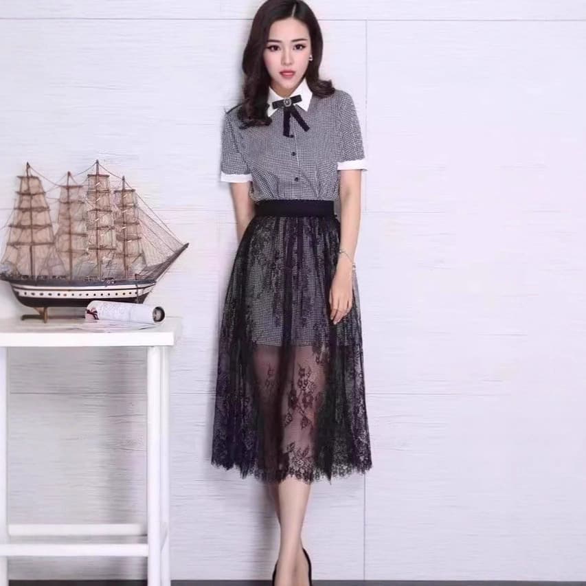 Four seasons single-layer lace skirt new mesh one-layer see-through bottoming gauze skirt mid-length long skirt versatile skirt