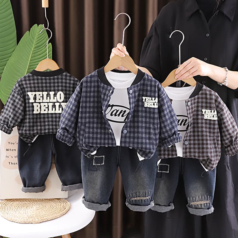 Boys' Fall Suit Set Fashionable Baby Spring and Autumn Plaid Jacket Long-Sleeve Three-Piece Set Infant Toddler Clothes Trendy