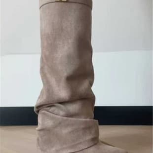 2025 Women's Pointed Toe Straight Shaft Pleated Metal Buckle Mid-Length Boots, Large Size Chunky Heel Trousers Boots