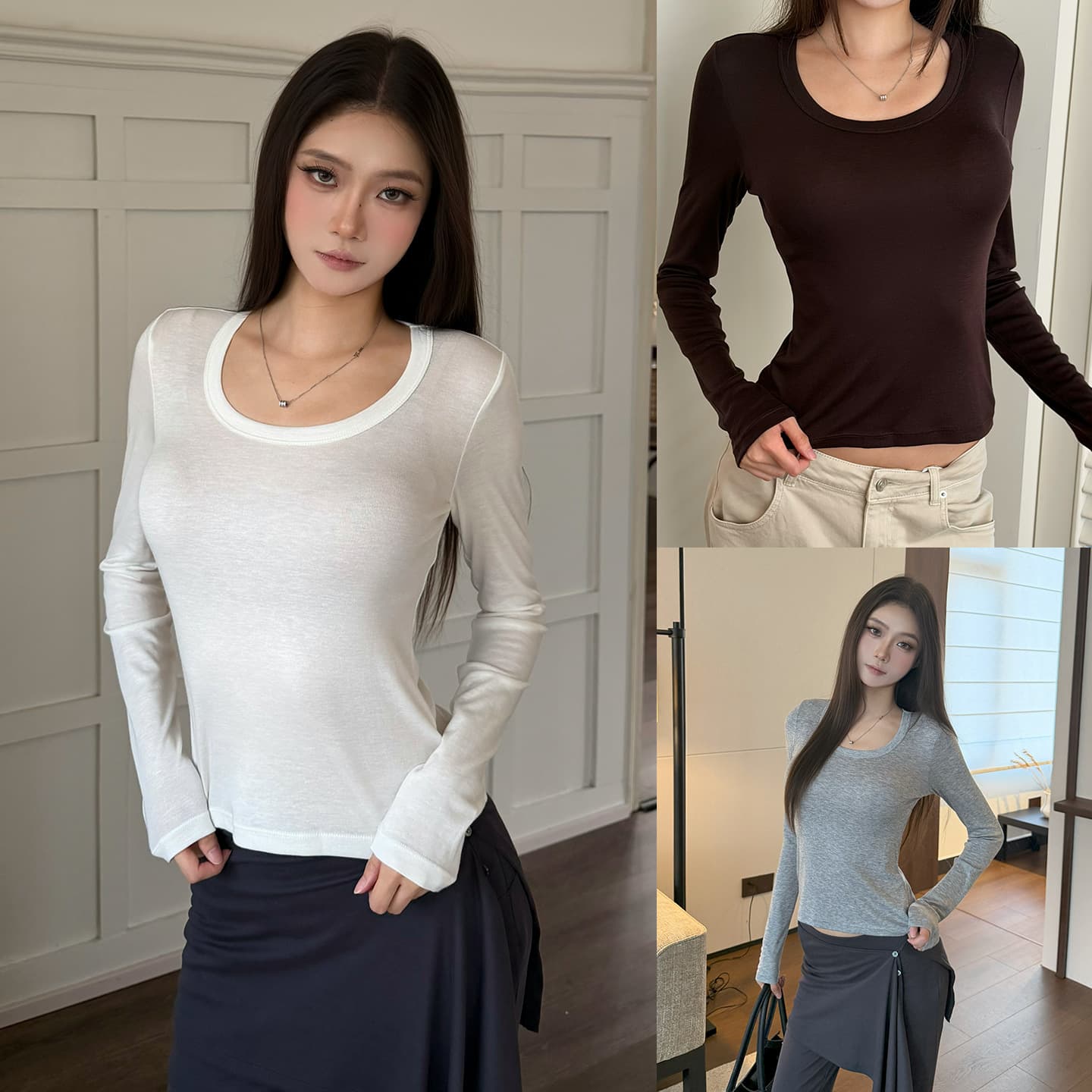 Merino Wool Tencel U-Neck Regular Shoulder Slim Fit Long-Sleeve Base Tee for Women, Flattering Fall/Winter Top