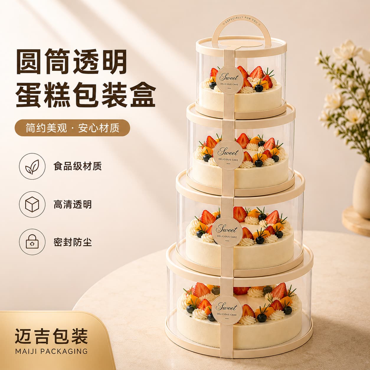 PET Food-Grade Clear Cake Box, Cylindrical Birthday Cake Packaging Box with Color Printing, UV Gold Foil Stamping Custom Manufacturer