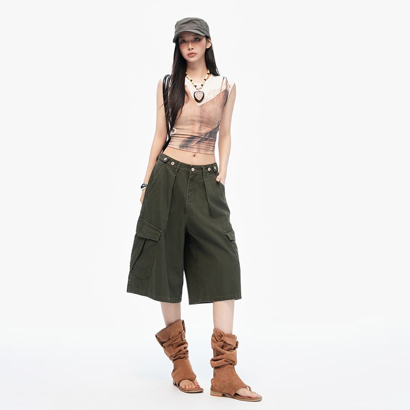 2026 new summer style Martin casual pants, loose wide-leg overalls, three-quarter jeans, women's loose eight-quarter mid-pants