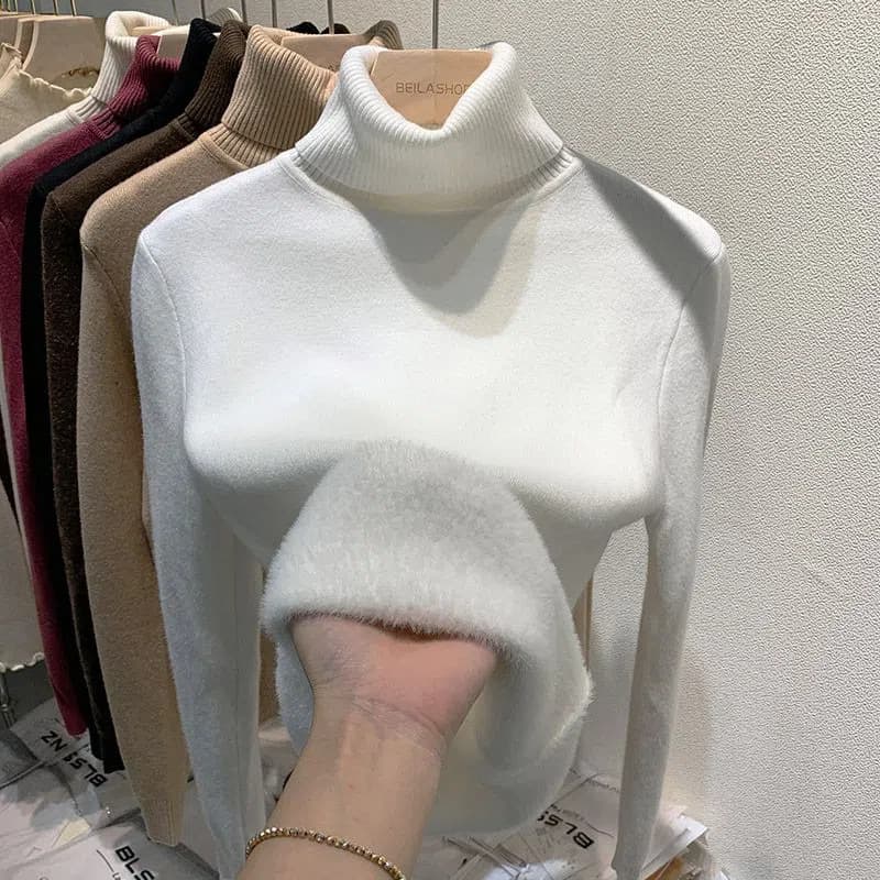 Women's All-in-One Fleece Knit Sweater, Fall/Winter Thickened High Neck Pullover, 2026 New Arrival, Knit Base Layer Top