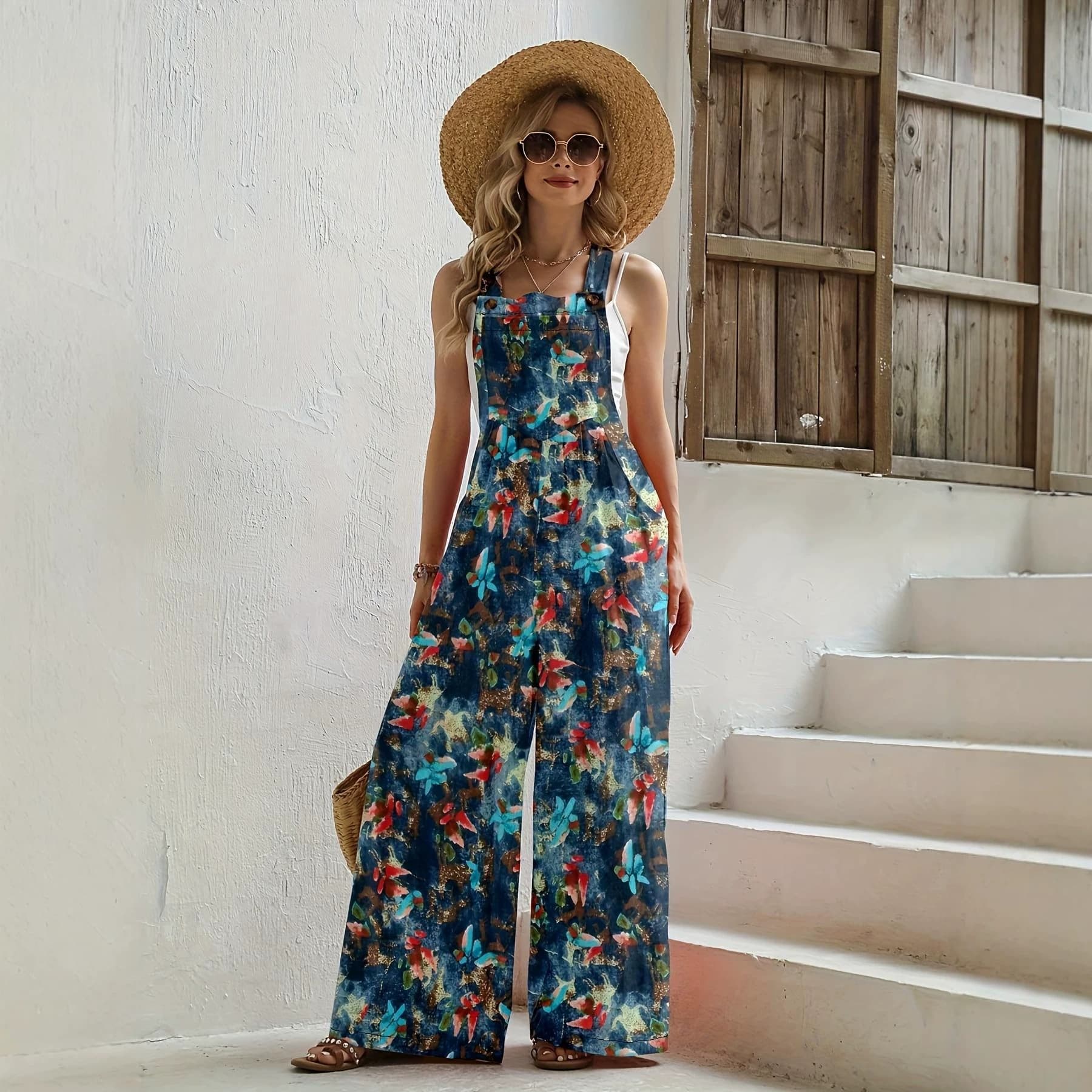 Women's Vintage Summer Colorful Contrast Print Pocket Loose Wide Leg Overalls, Casual Jumpsuit
