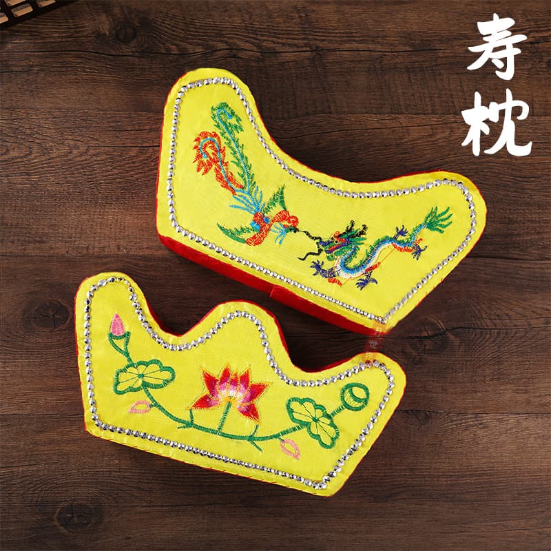 Funeral pillows including head, foot, and rooster-shaped pillows, lotus foam pillows, and accessories for burial use