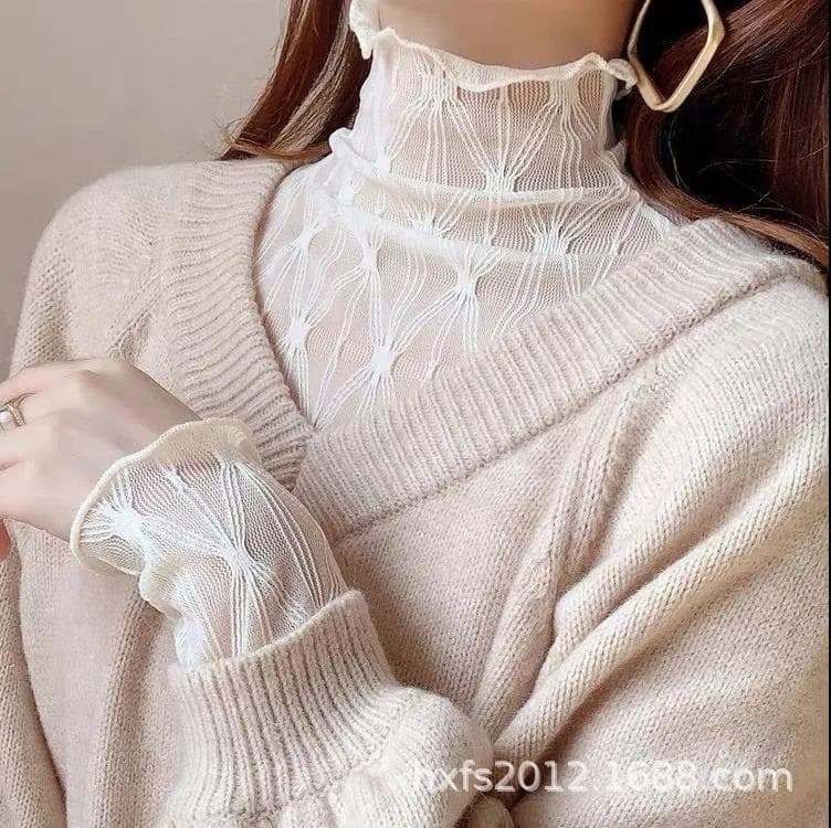 2107 Long Sleeve Ruffle High Neck Long Sleeve Chiffon Lace Top for Women Early Autumn New Pleated Base Layer Shirt
