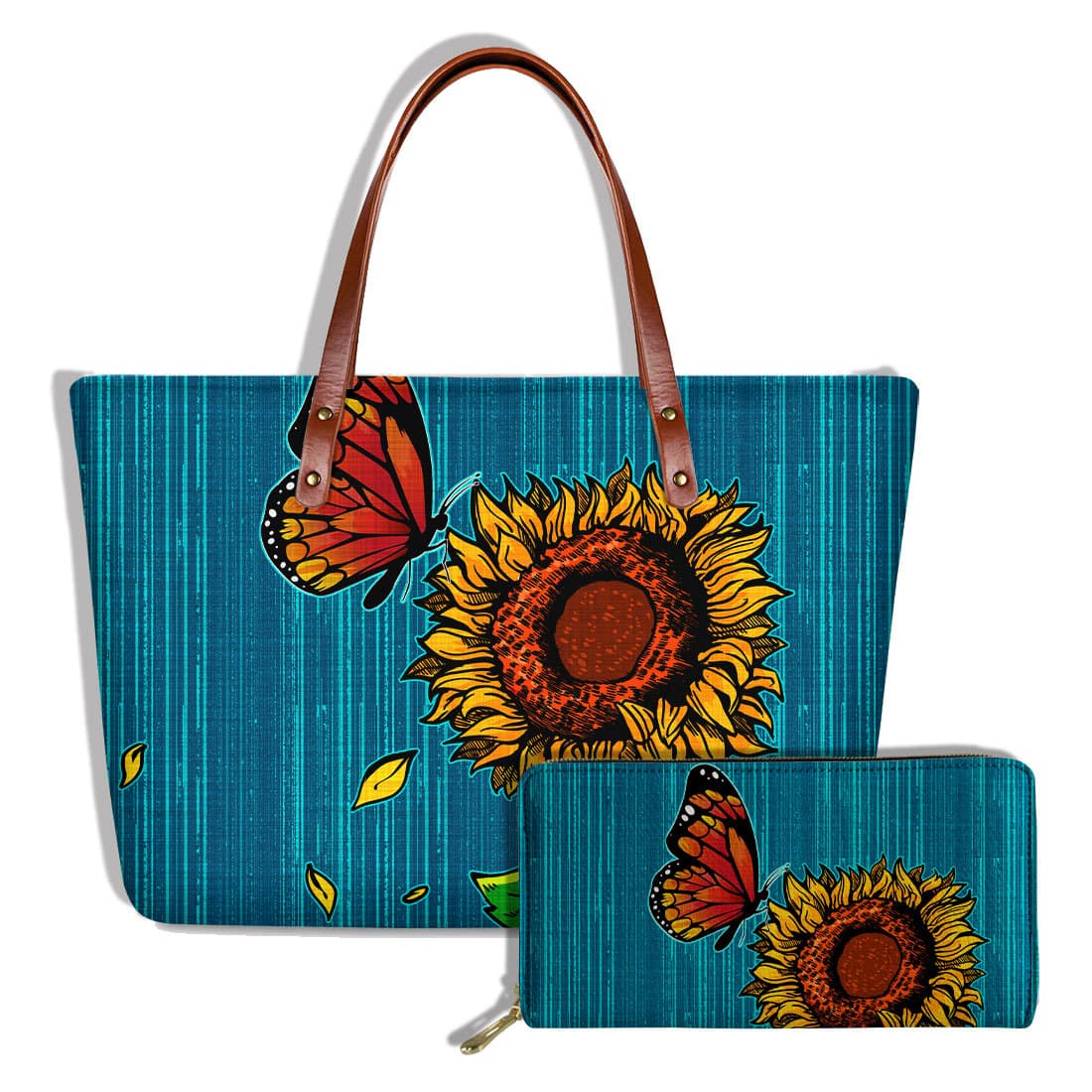 Customized men's handbag with sunflower and butterfly design, large capacity two-piece set, convenient for shopping.