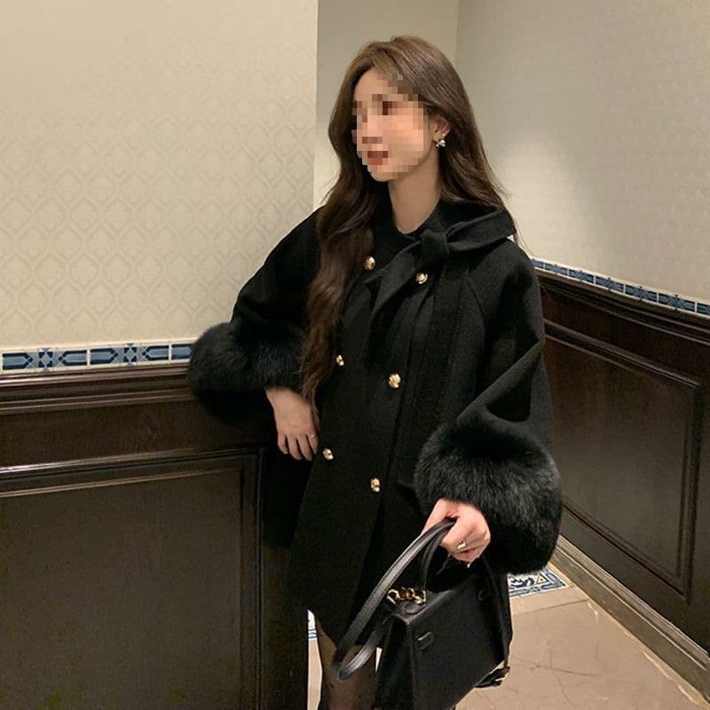 High-end French woolen coat for autumn and winter, new temperament, thickened and warm, woolen cuffs, woolen coat for small people