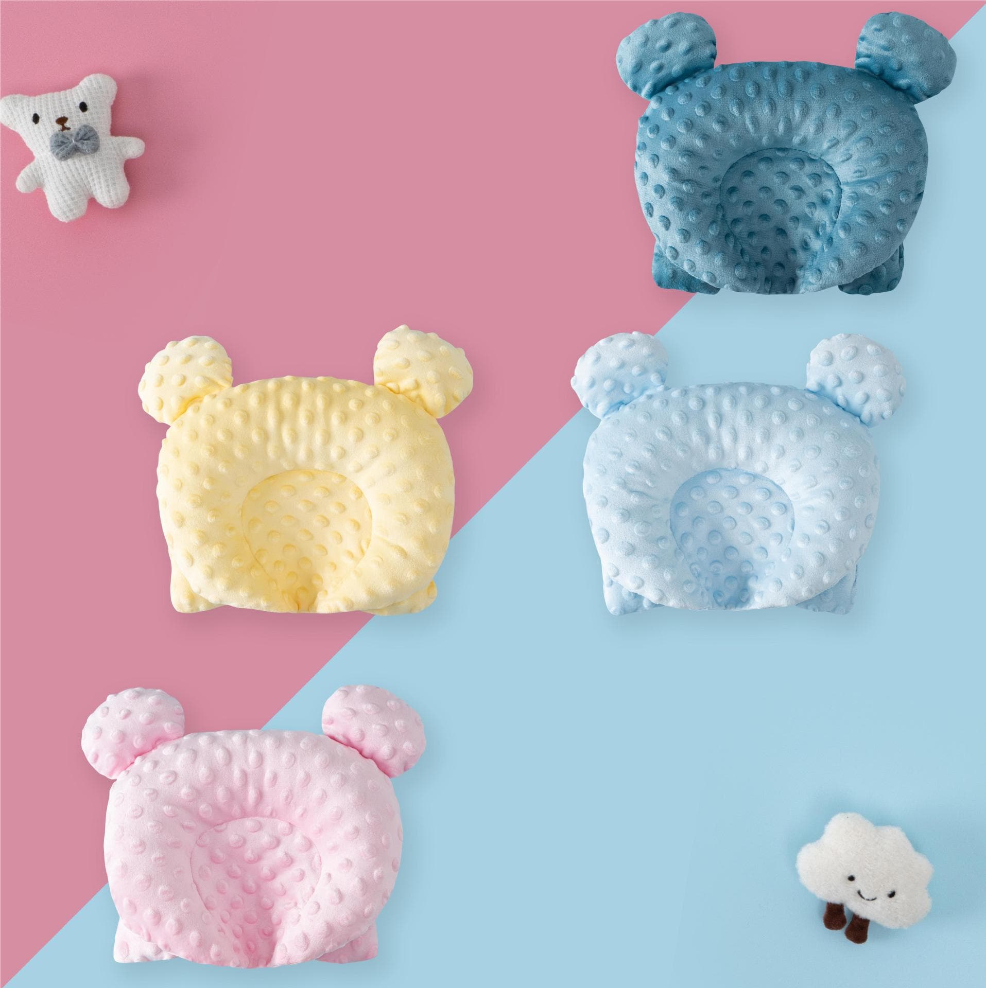 Tishilu Baby Pillow, Beanie Fleece Bear Pillow Set (Includes a Pair of Adjustment Posts), Breathable Soothing Shaping Pillow