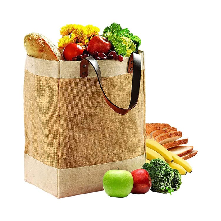 PU Handle Burlap Bag for Scallions, Apples, Vegetables, Bread Packaging Shopping Bag, Market Supermarket Fruit Portable Tote