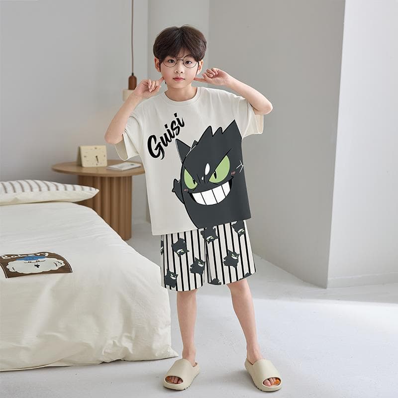Summer Pure Cotton Kids Pajamas Boys Short Sleeve Cartoon Medium to Large Size Boys Sleepwear Home Suit Set Thin
