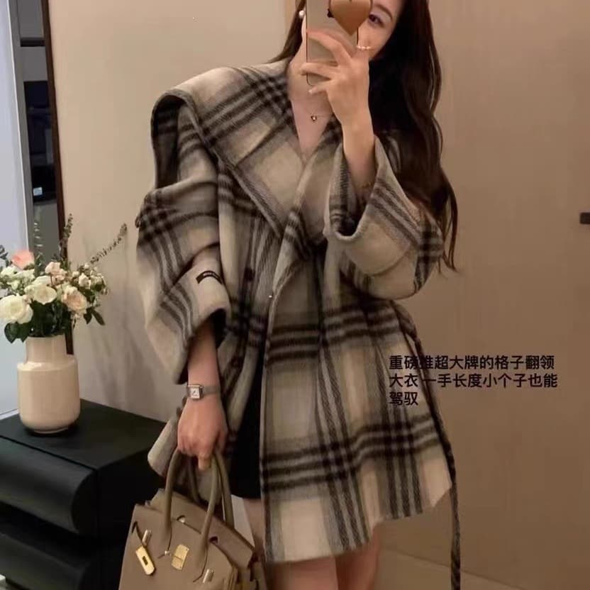 LC821 Berto Log Coat Designer Check Large Collar Women's Fashion Petite Short Thickened Double-Faced Wool