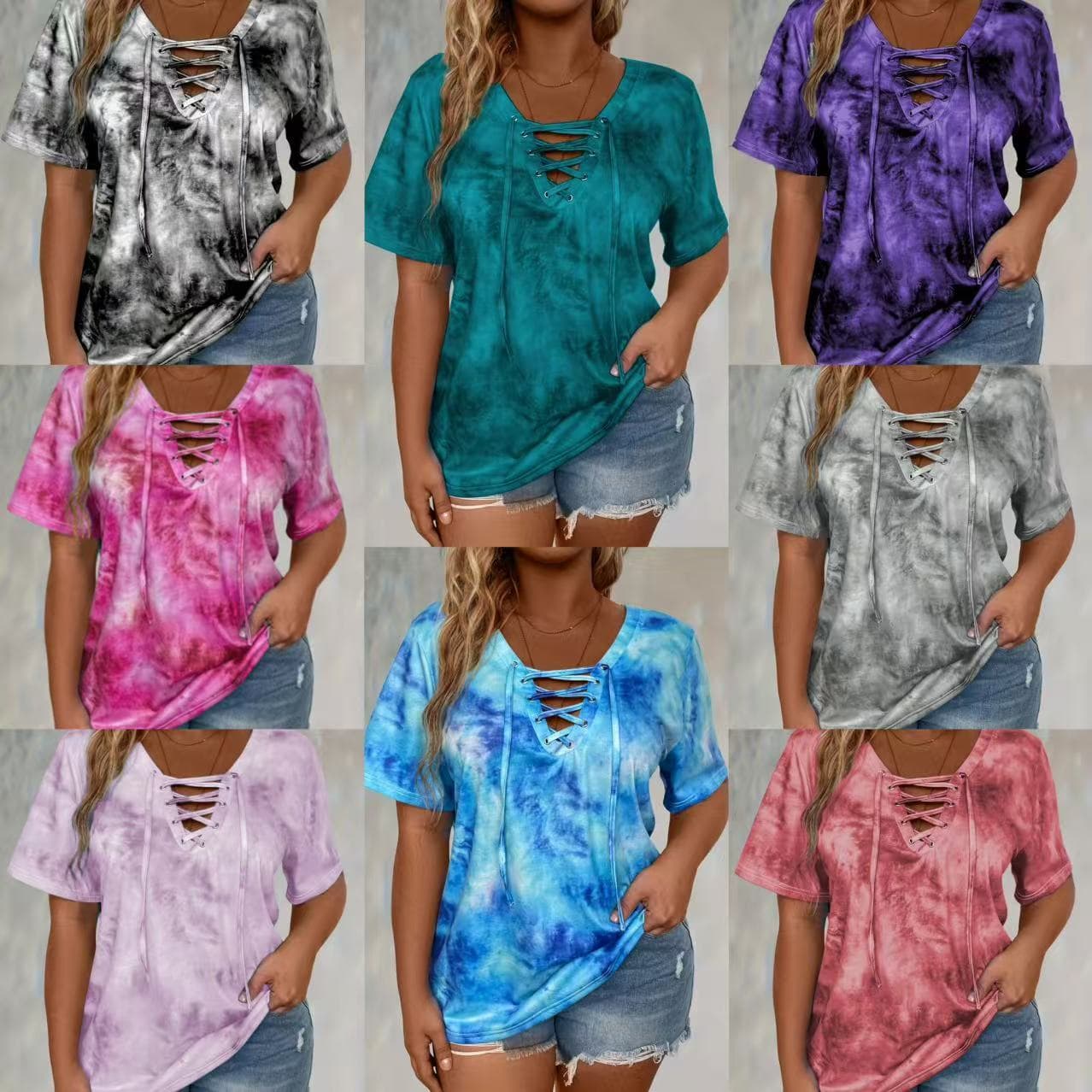 2025 Cross-border Europe/US Tie-Dye Plus Size Printed V-Neck Tie-Front Short-Sleeve Top, New Summer Women's Clothing