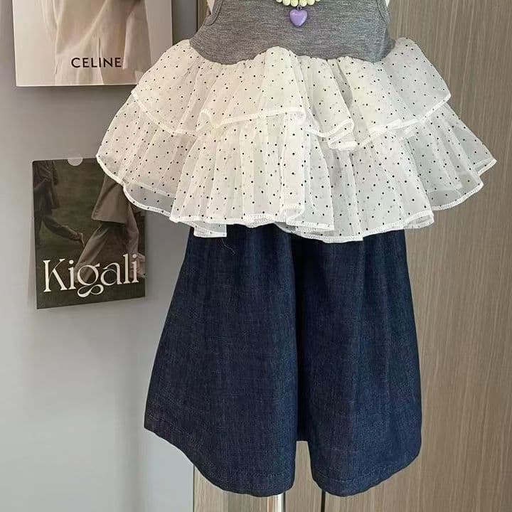 Girls' 2026 Summer New Set Hepburn Style Polka Dot Mesh Vest Dress Kids Vest Top and Pants Two-Piece