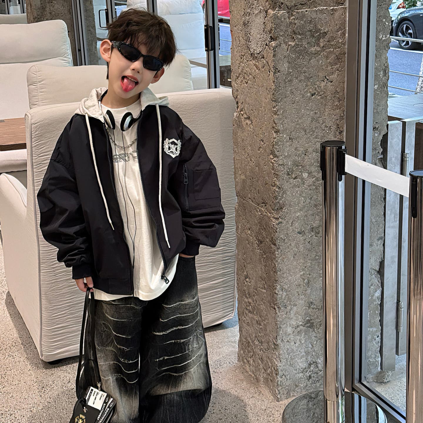 Tairu 2025 Autumn New Gather-Sleeve Hooded Coat Boys' Fashion Casual Flight Jacket Top Outerwear Trendy
