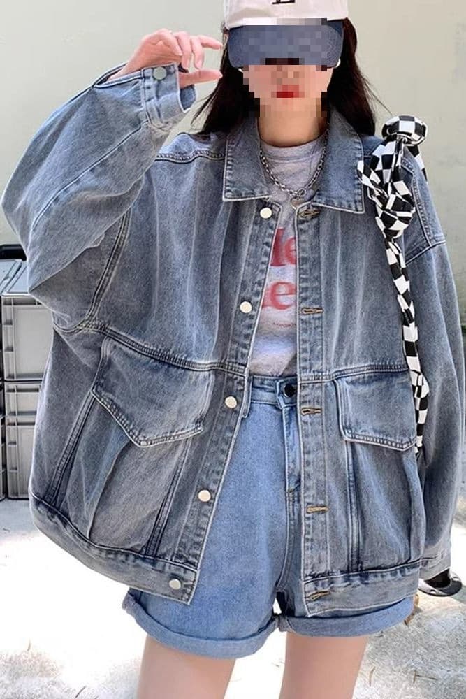 Plus-size denim workwear jacket for women, spring and autumn, trendy, versatile, slimming, loose collar denim clothing - 100 catties