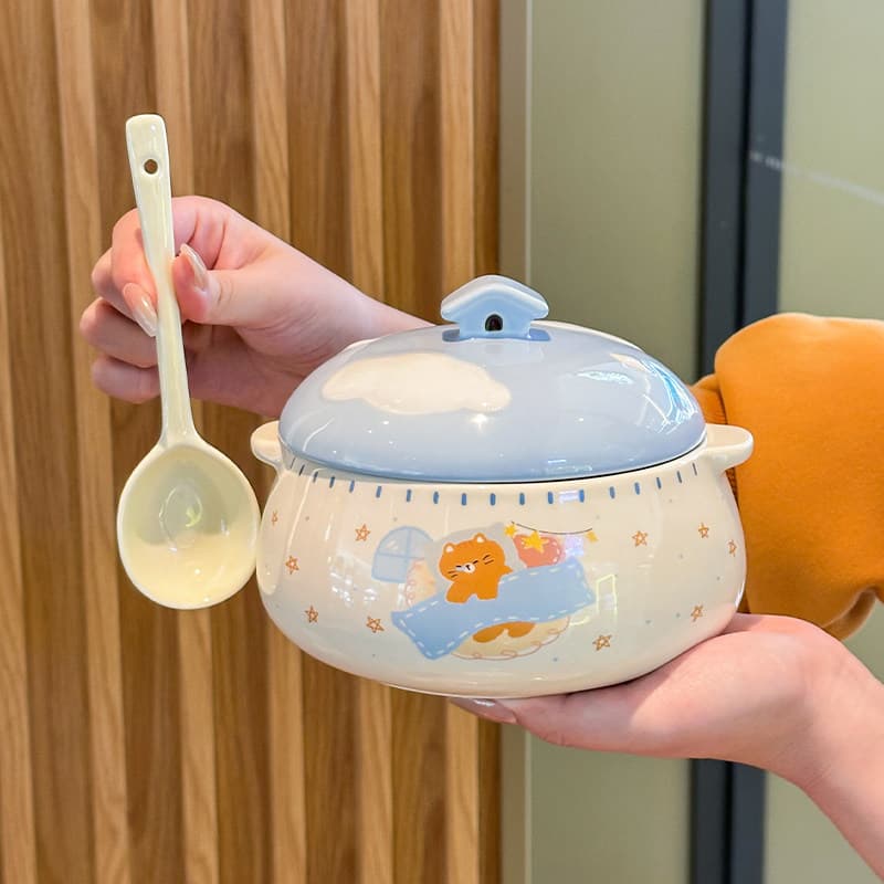 Milk fufu cat ceramic binaural instant noodle bowl with lid for home use in boys and girls dormitory instant noodles snail noodle bowl