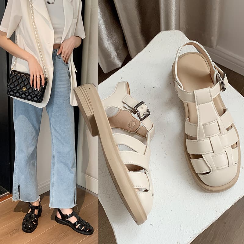 Women's Toe Sandals Spring Summer 2024 Thick Sole Retro French Woven Soft Bottom Roman Sandals Wholesale