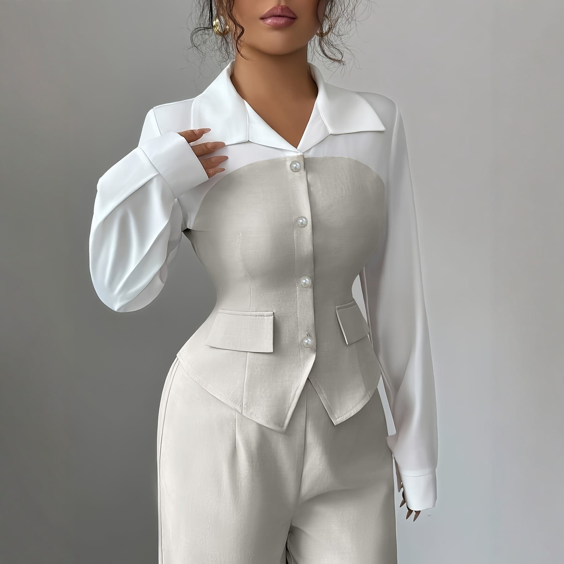 2026 Spring New European American Style Fashionable Two-Piece Set Women White Patchwork Vest Wide-Leg Pants Suit Commuter
