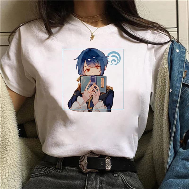 Summer Genshin Impact Cartoon Anime Print Campus Casual Large Size Student Round Neck Short Sleeve Anime T-shirt