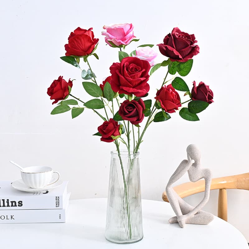 Wholesale 3-head velvet rose wedding hall flower arrangement decorative vase beautiful simulation multi-head rose floor row home
