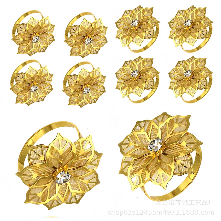 Golden camellia napkin clips, hotel table gold and purple flower diamond rings, exquisite wedding decorations.