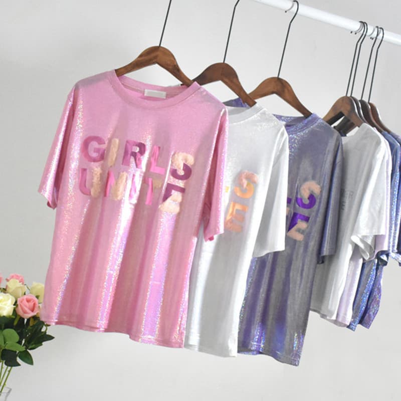 Shiny Printed Letter Loose Short-Sleeve T-Shirt Top for Women, Summer 2026 New Model, Student Style, Shiny Half-Sleeve Women's Clothing
