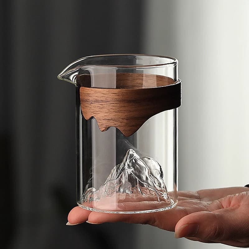 Transparent Glass Fair Cup with Wooden Ring Insulation, Mountain View Tea Divider, Simple Style, Heat-Resistant