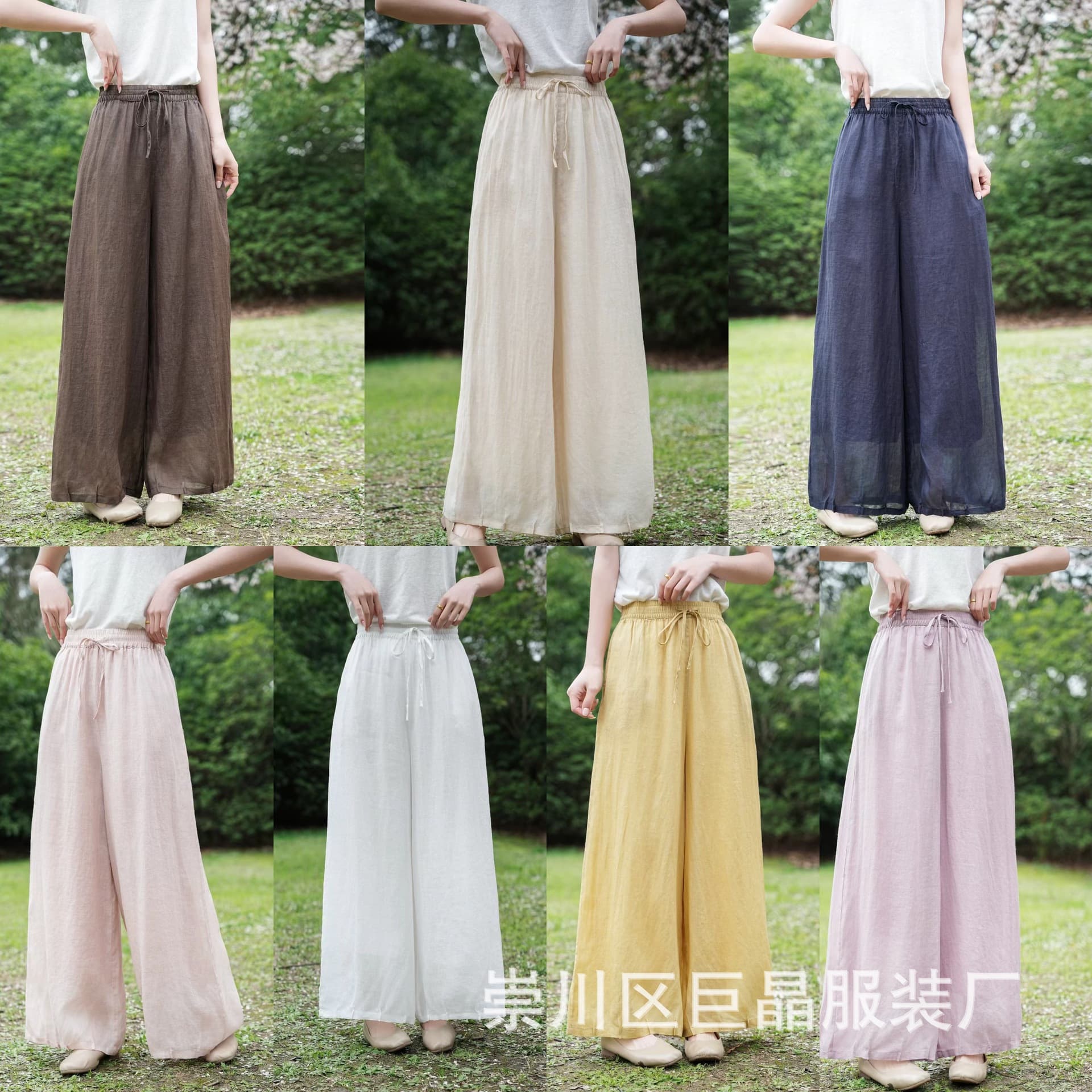 2026 New Retro Ramie Women's Straight Leg Pants Elastic Waist Double Layer Wide Leg Loose Ramie Casual Pants