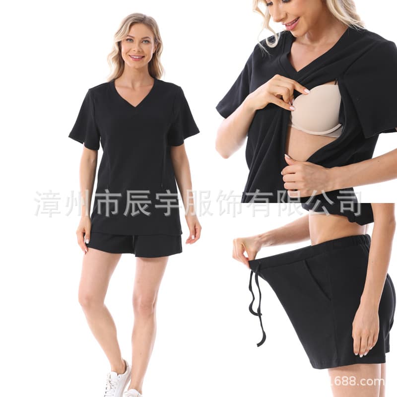 Maternity Summer Fashion Loose Casual Breastfeeding Top and Shorts Two-Piece Set Home Maternity Wear Plus Size Cross-Border