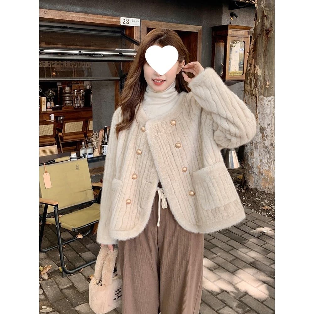2025 Winter New Style Faux Mink Fur Coat for Women, Padded and Thickened, Korean Style, Popular Double-Breasted Coat, Eco-Friendly Fur