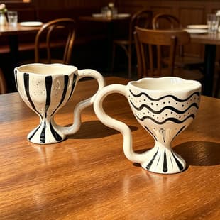 Vintage Hand-Pinched Irregular Zebra Mug, Niche Ceramic Coffee Cup with Stem Design, Couples' Artistic Cup
