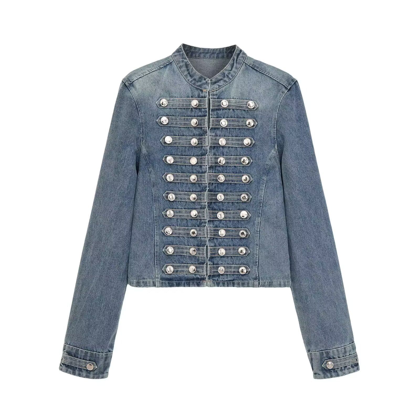 Cross-border Women's Fashion 2026 Fall/Winter New Washed Vintage Napoleon Double-Breasted Metal Button Stand Collar Denim Jacket