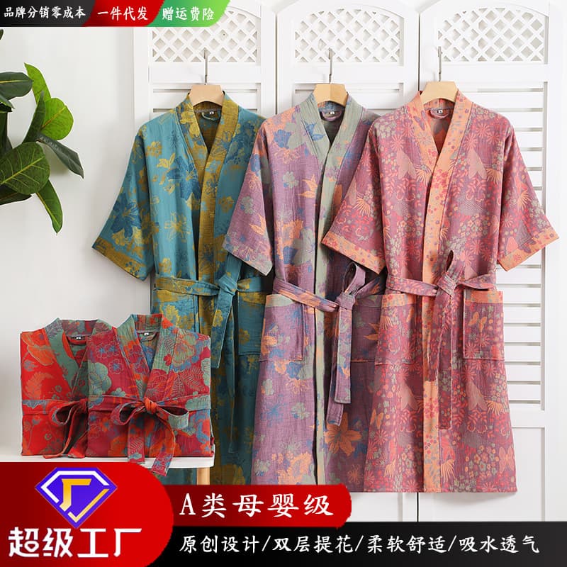 Pure cotton double-layer gauze bathrobe spring/summer thin pajamas sleepwear couples homewear absorbent quick-dry bathwear wholesale.