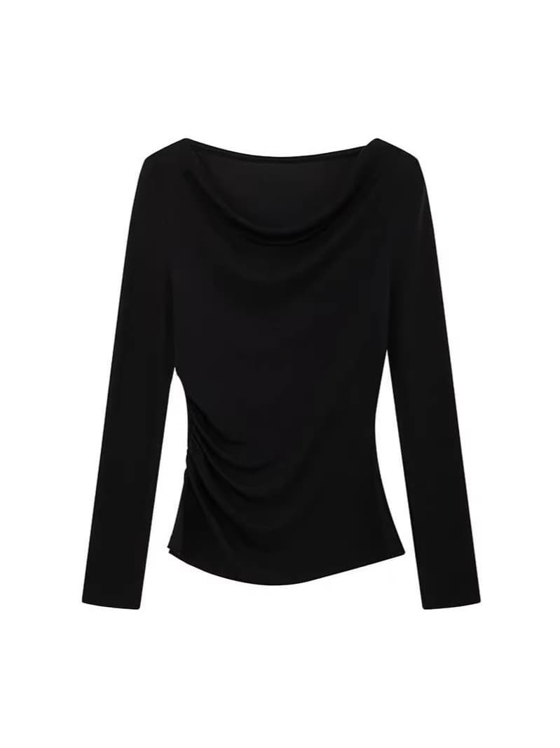 New Style Early Spring Black Long-Sleeve Sexy Off-Shoulder Ruffled T-Shirt for Women, Autumn/Winter New Arrival, Waist-Tightening Top