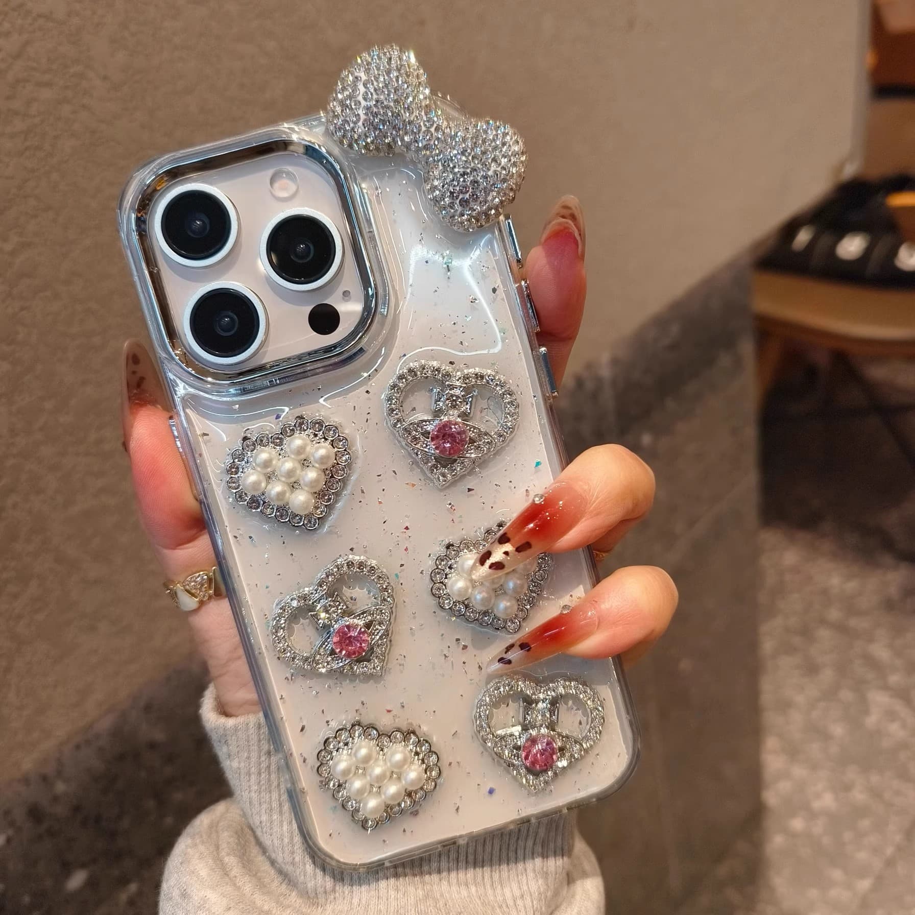 17air 3D Pearl Rhinestone Love Bow iPhone 16 Pro Max Case Compatible with Apple 15/14