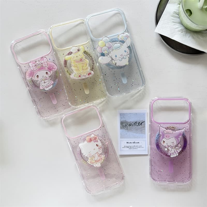 Transparent Glitter Case for iPhone 17 Pro Max, Sanrio Magnetic Stand 16 Pro, Cinnamoroll 15 Pro