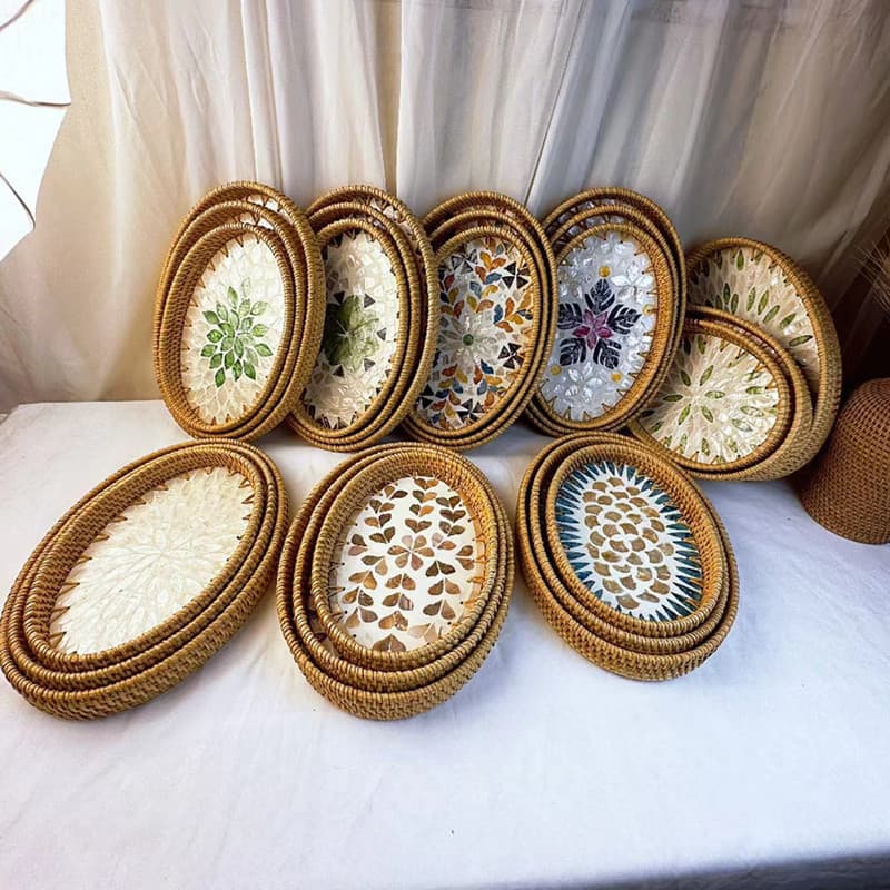 Colorful rattan and seashell storage tray for home, living room, light luxury, picnic, snacks, dried fruit, tea cups, dining room, oval tray, fruit plate