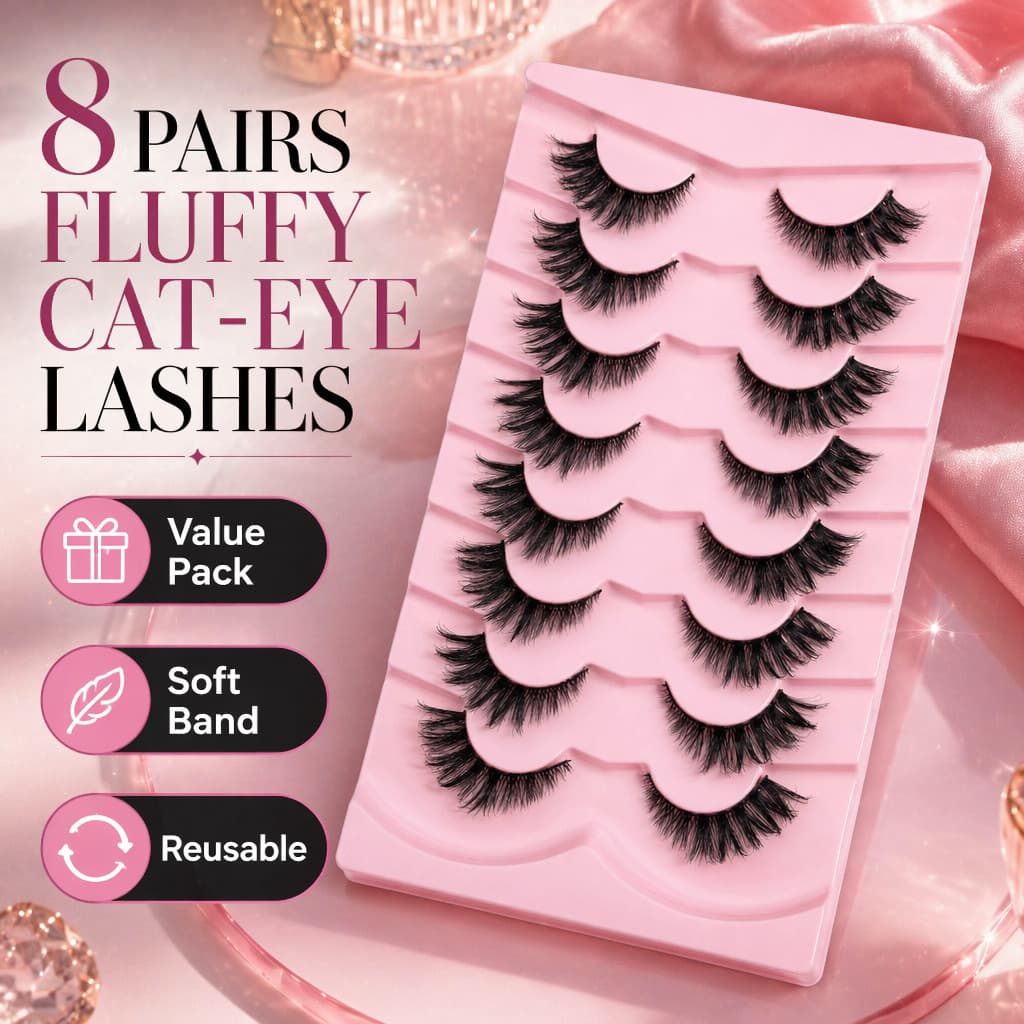 8-Pair Fluffy Wispy False Eyelashes, Transparent Band, Natural Look, Cross-Border Eyelashes for Women
