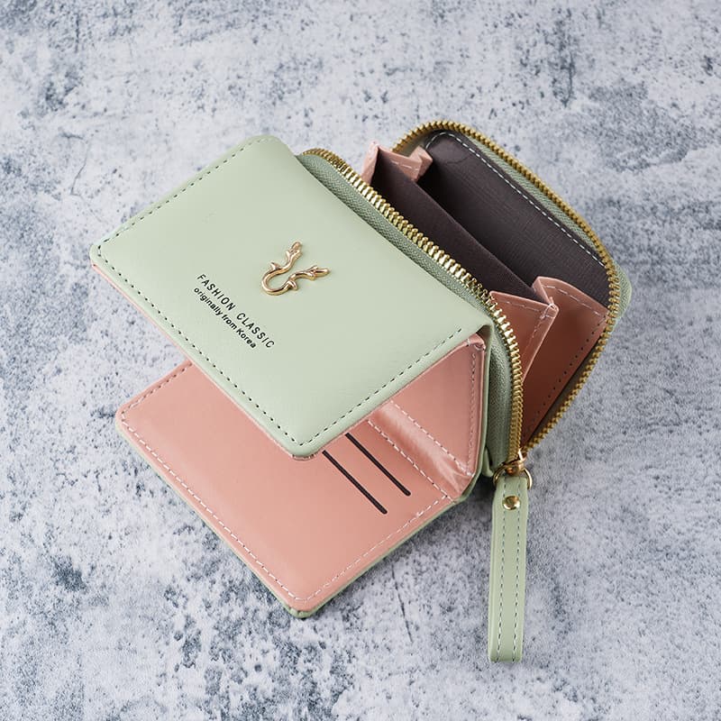 Cross-Border Women's Small Wallet Leather New Handheld Coin Purse 2-in-1 Zipper Tri-Fold Card Holder Integrated Storage Bag