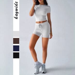 2026 New Cross-Border European and American Yoga Sportswear Solid Short Sleeve Drawstring Shorts Set Women's Spring Summer Amazon