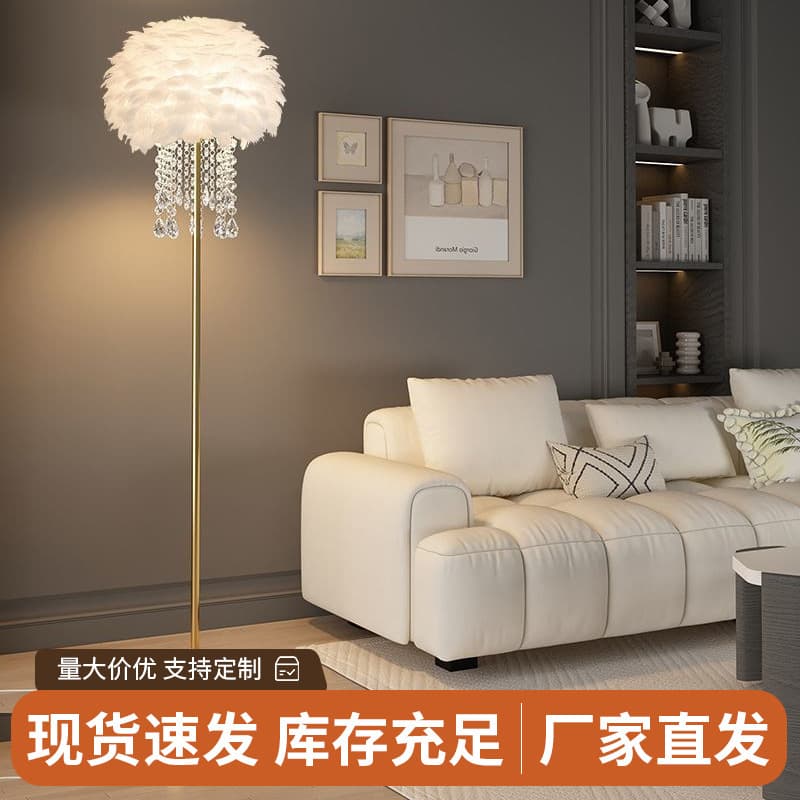 Floor Lamp Feather Crystal Light Luxury Nordic Living Room Sofa Bedroom Bedside Internet Celebrity Live Broadcast Room Warm Standing Lamp