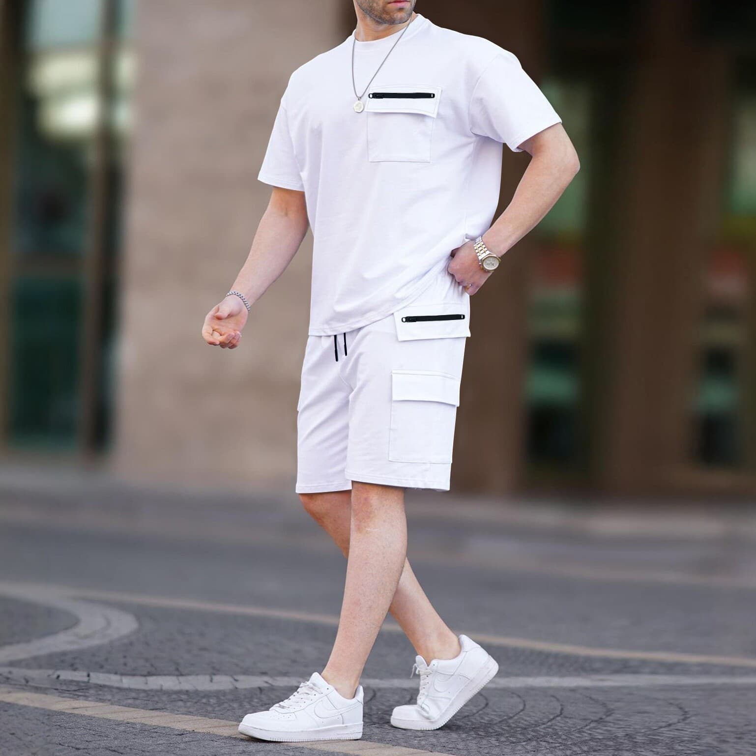 Short-Sleeve Set, Men's and Women's Fashion Style, Plus Size Comfortable Fit, European Version Pocket Design, Slimming Shorts Two-Piece Set