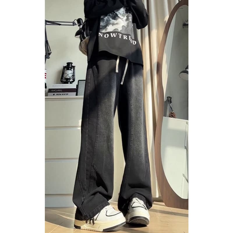 2026 Spring American Curved Knife Jeans Loose Fit Denim Pants for Men Trendy Big Size Straight Leg Retro High Street Pants