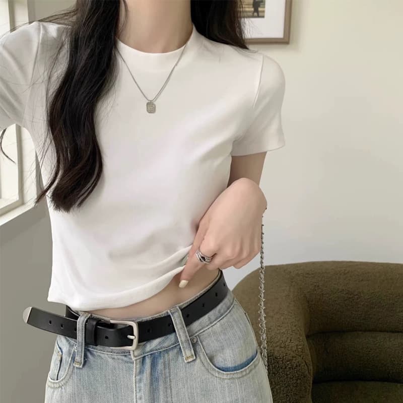 Women's Cotton T-Shirt, Short Sleeve, Cropped, High-Waist, Slim Fit, Solid Color, Fitted Shoulder, Summer Top, Base Layer