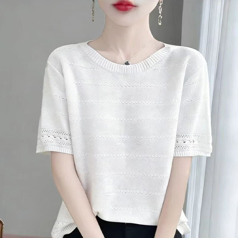 Quzhu ice linen short-sleeved T-shirt hollow crochet design summer new women's round neck solid color pullover white