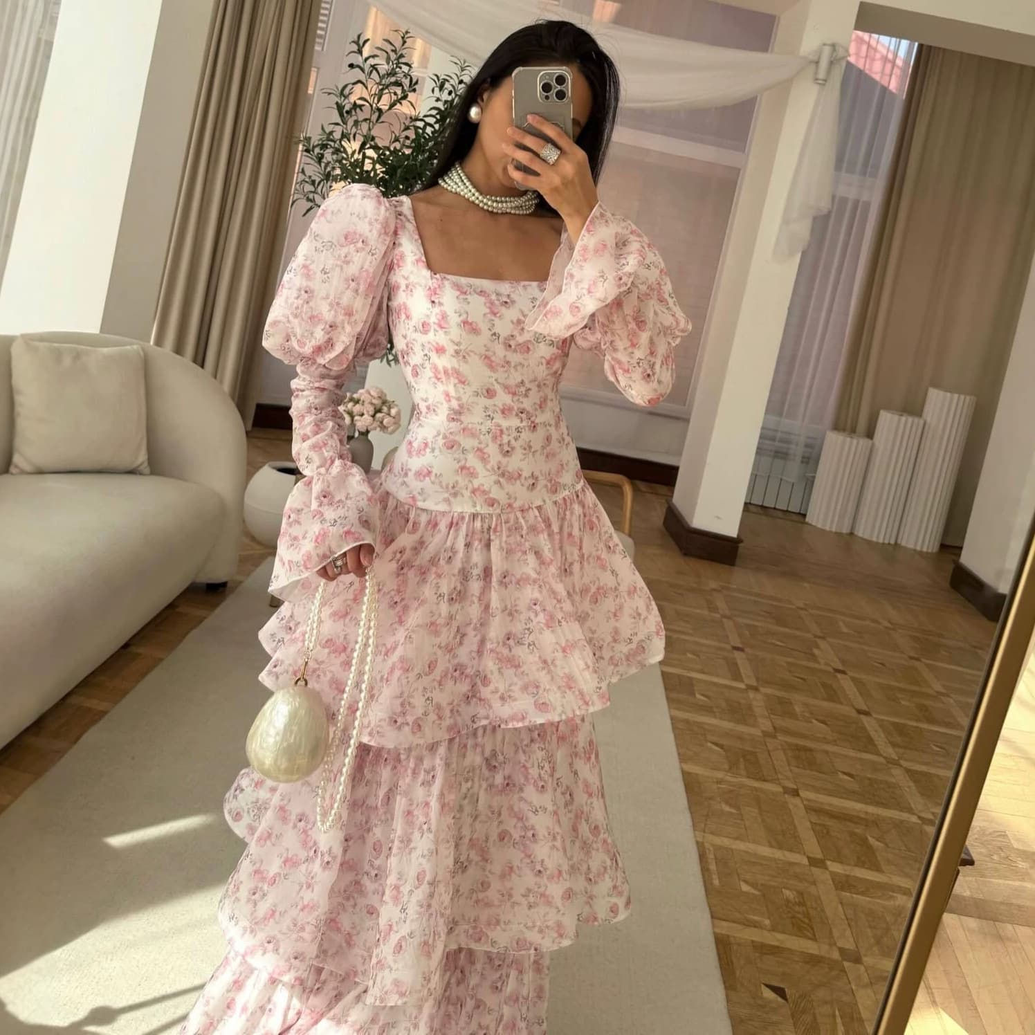 2026 spring/autumn new European and American women's cross-border trade French square-neck cake dress, long-sleeve printed elegant long dress